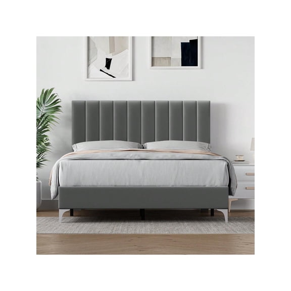 Full/Queen Size Bed Frame With Adjustable Headboard,Velvet Upholstered Platform With Wooden Slats Support No Box Spring Needed Easy Assembly Noiseless Grey