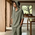 thumbnail image 5 of JUUYY Mens 2 Piece Linen Set Long Sleeve Button Down Casual Hoodie Shirt and Loose Jogger Pants Sets Beach Vacation Summer Outfits Army Green S, 5 of 9