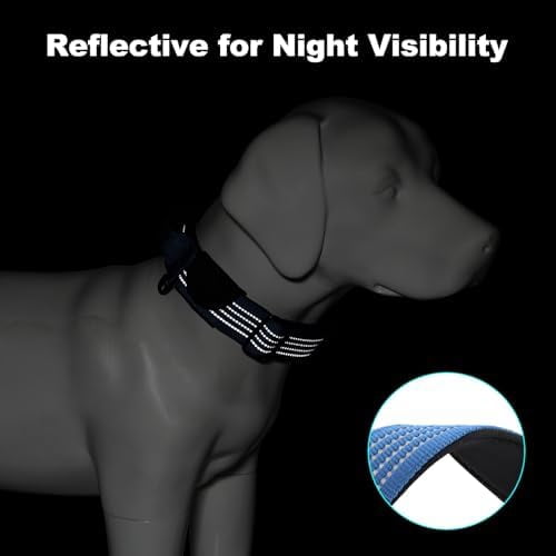 Tactical Dog Collar with Tracker Pocket for AirTag, Adjustable Reflective Nylon Collar, Metal Buckle, Leather-Wrapped Handle, Soft Padded for Medium Large Dogs (Blue, L)