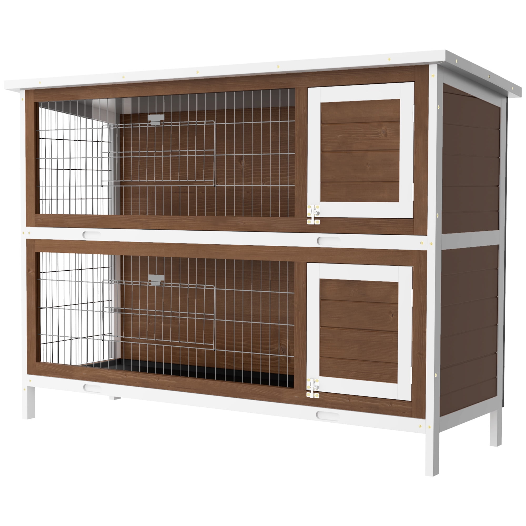 54" 2-Story Large Rabbit Hutch Bunny Cage Wooden Pet House Small Animal Habitat with Lockable Doors, No Leak Tray and Waterproof Roof for Outdoor Indoor, Brown