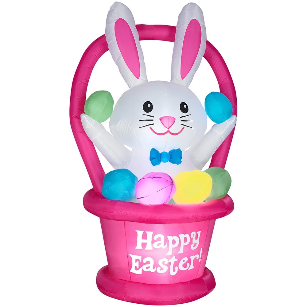 6' Gemmy Airblown Inflatable Pink Easter Bunny in Egg Basket Scene Yard