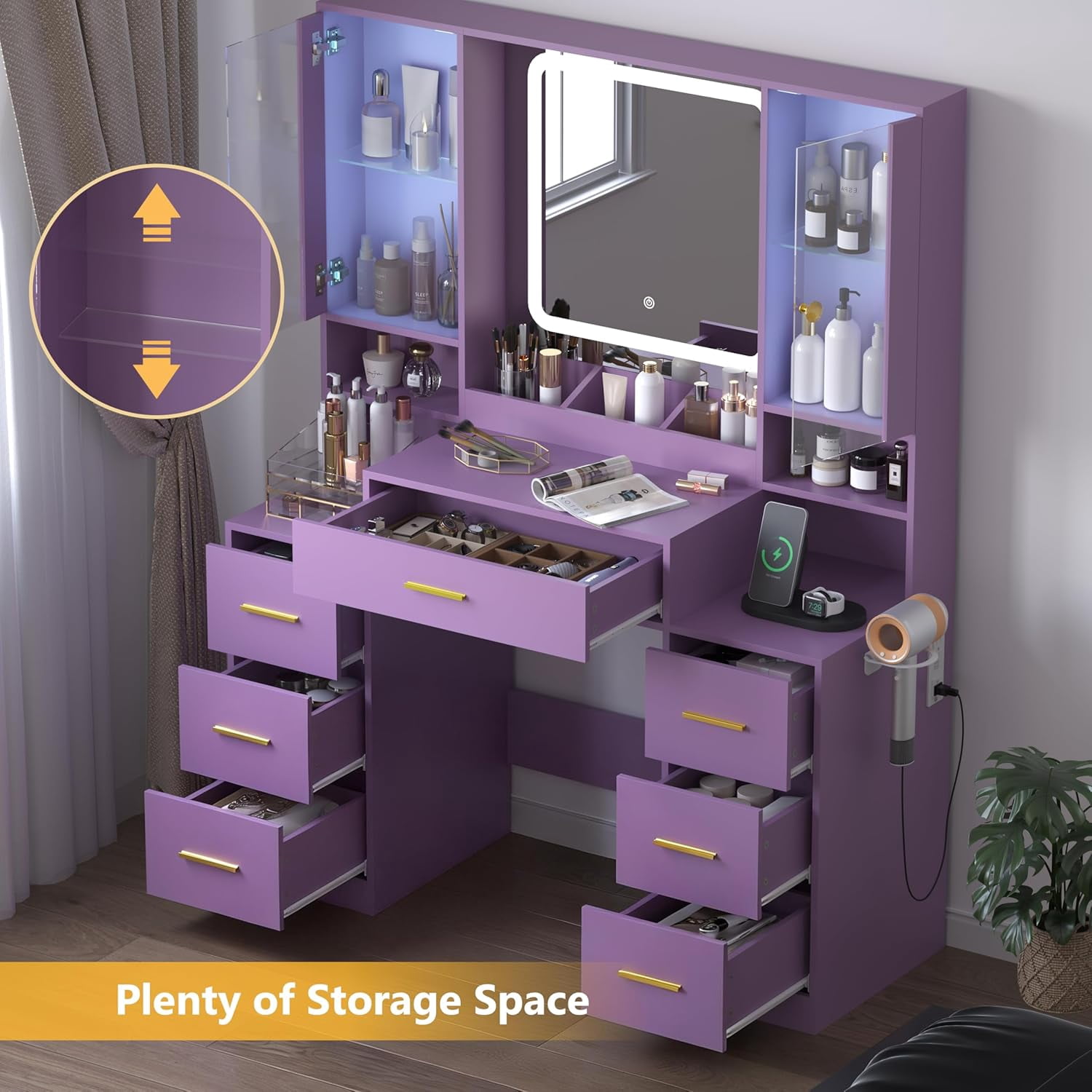 FANRAL Large Vanity Desk with LED Lighted Mirror & RGB Glass Cabinets,Built-in Charging Station & 7 Drawers,Modern Dressing Table for Bedroom Beauty Spaces,Purple Vanity