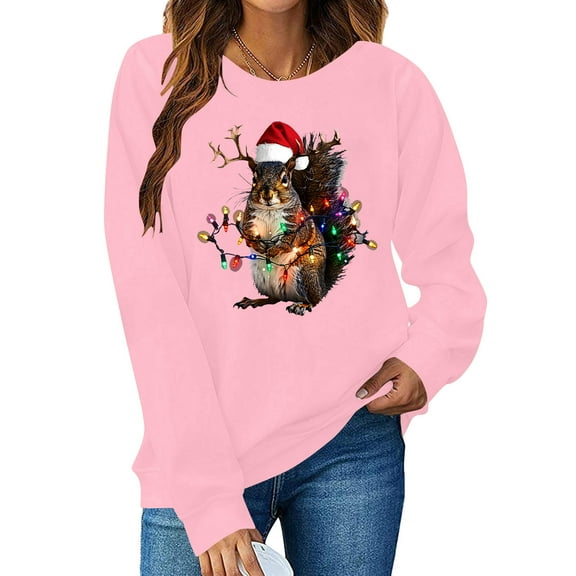 SYMOID Womens Pink Christmas Squirrel Sweatshirt with Santa Hat & Lights - Long Sleeve Crew Neck, Relaxed Fit, 100% Polyester, Machine Washable (XS-XL),Size M