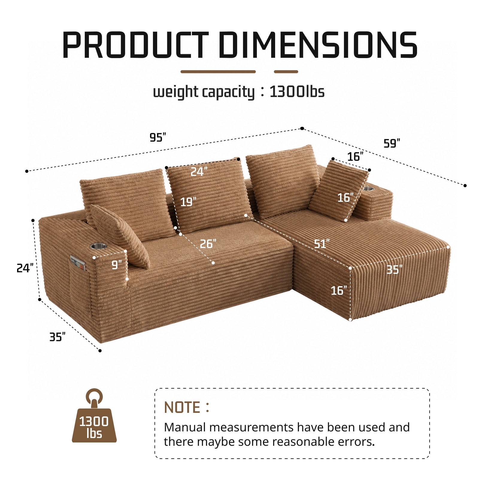 95'' Boneless L Shape Modular Sofa Couch with 4 Pillows and 2 Cup Holders