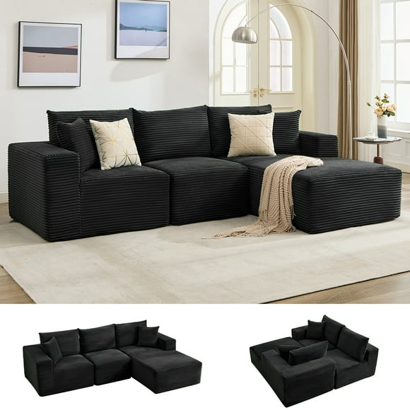Cloud Comfort Modular Sectional Sofa - 108" L-Shaped, Deep Seat, 67.5" Chaise, Corduroy, No Assembly Needed, Reversible Left/Right, Cozy For Living Room - Lie Right | Corduroy | Black