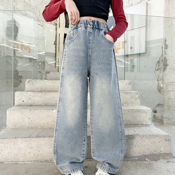 Frostluinai Distressed Jeans for Girl 5-15Y High Elastic Waist Retro Denim Pants Baggy Straight Wide Leg Jeans with Pocket Vaqueros De Mujer