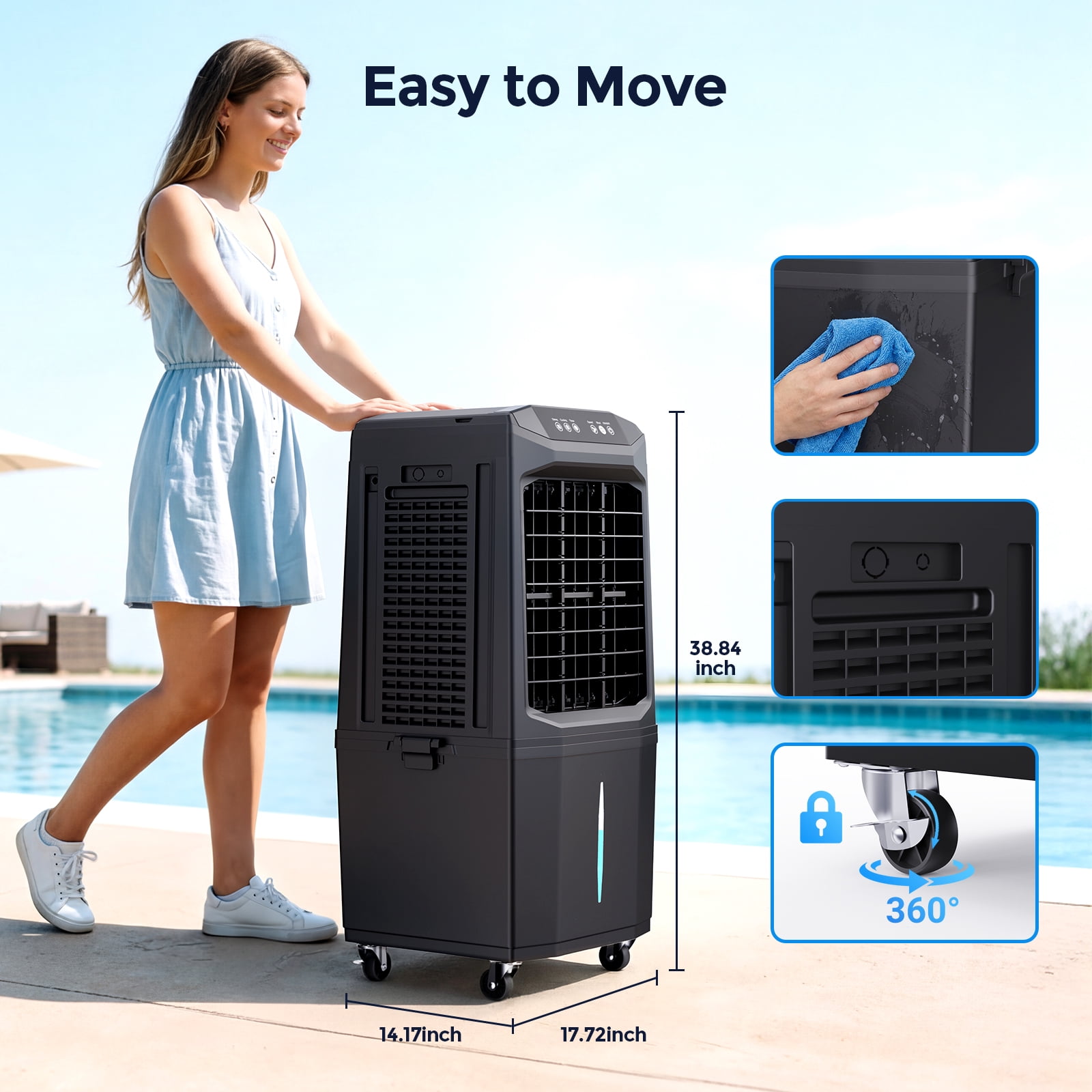 Evaporative Air Cooler,1500 CFM Portable Air Cooler Fan with 4 Ice Packs, 8.5 Gallon Tank, 90° Oscillation, Remote, 12H Timer, Quiet 38dB,Black