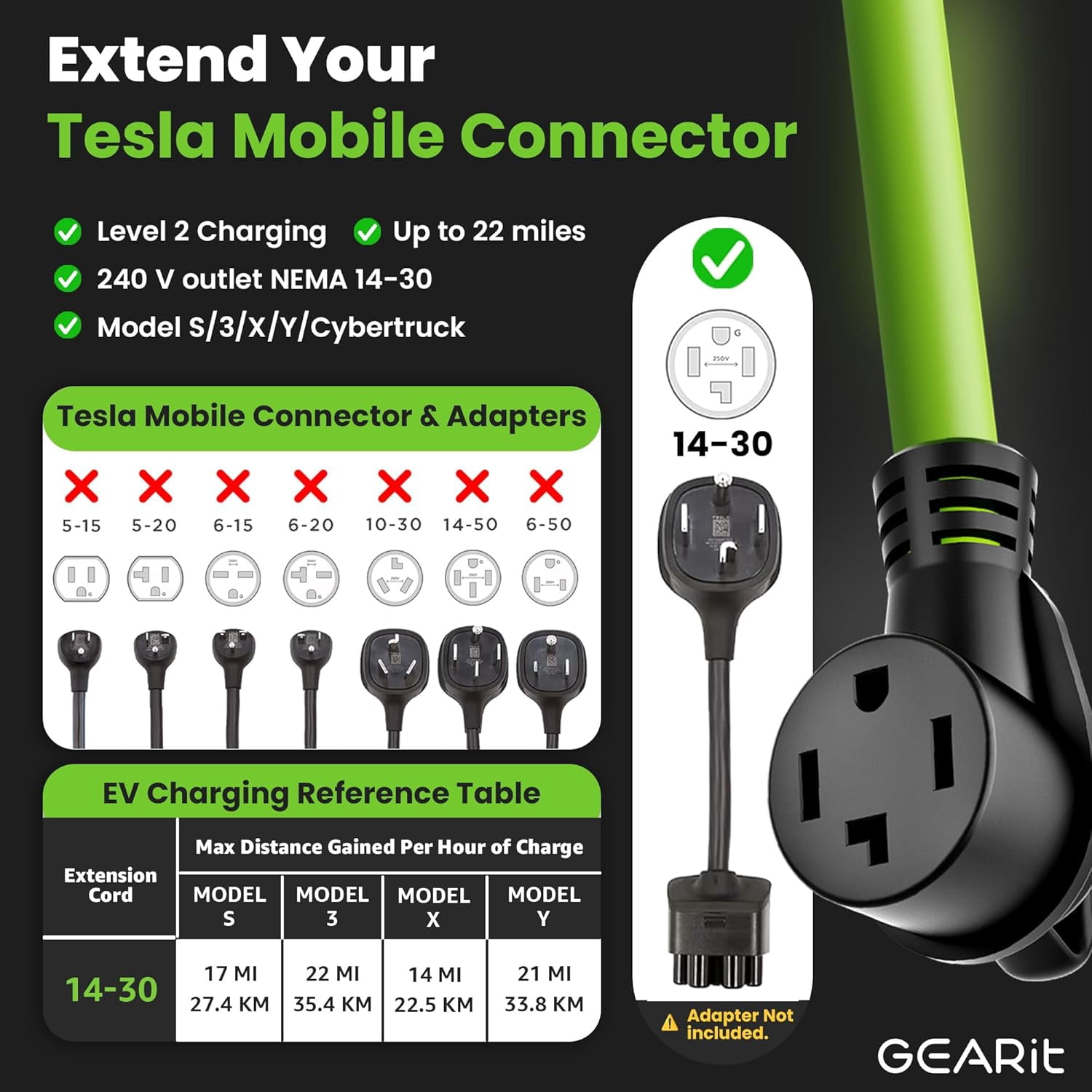 GearIT 4-Prong 30 Amp Extension Cord 50 ft, NEMA 14-30P to 14-30R Weather Resistant for Dryer RV, and Level 2 EV Charger, Green