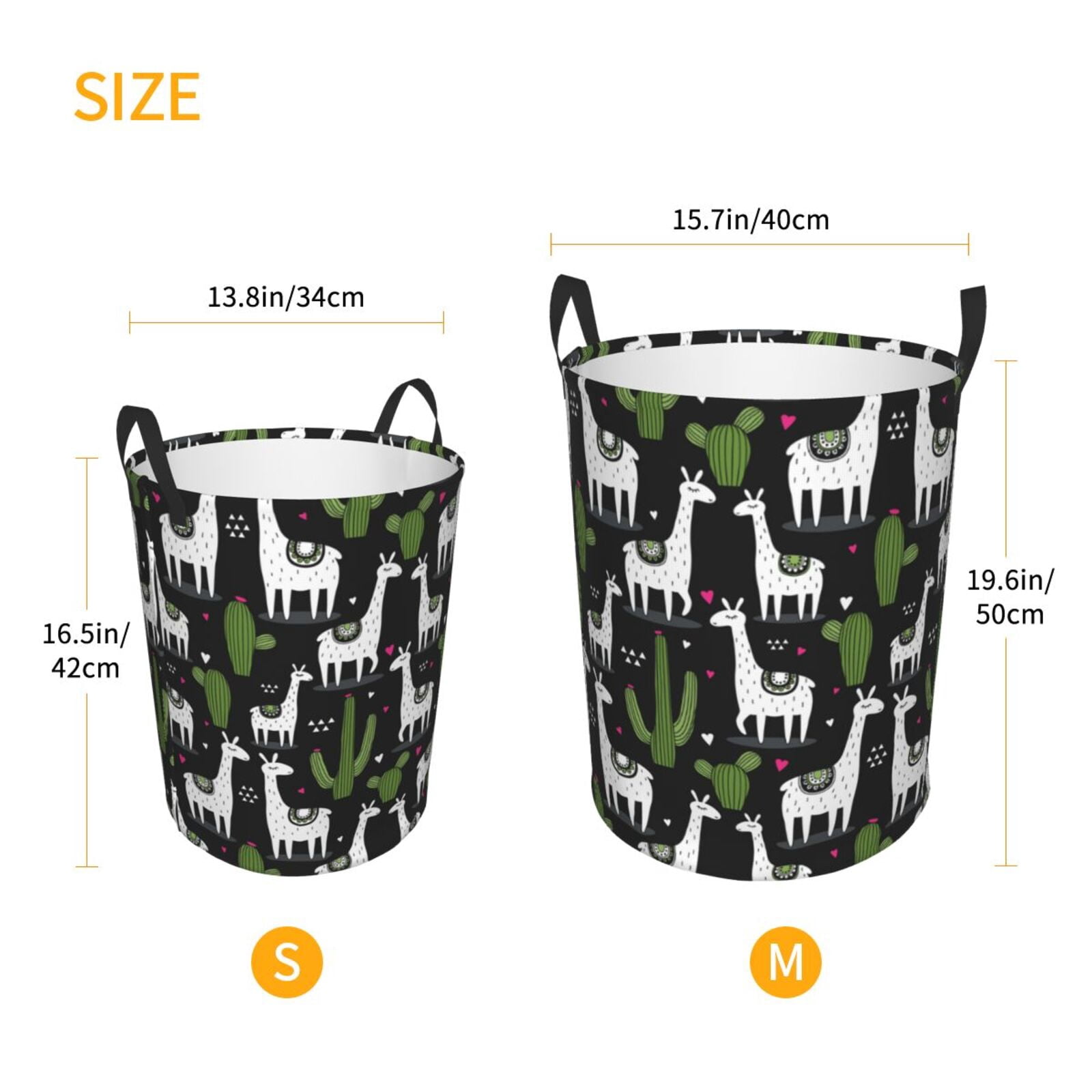 Large Laundry Basket with Handles - llama alpaca cactus heart black Kids Baby Dirty Clothes Laundry Hamper for Bedroom Aesthetic