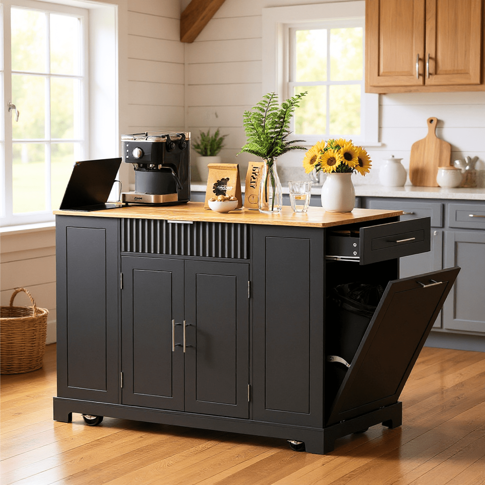 Homy Casa Kitchen Island with Power Outlet, Hidden Trash Bin, Rolling Storage Cabinet with Drawers, Black