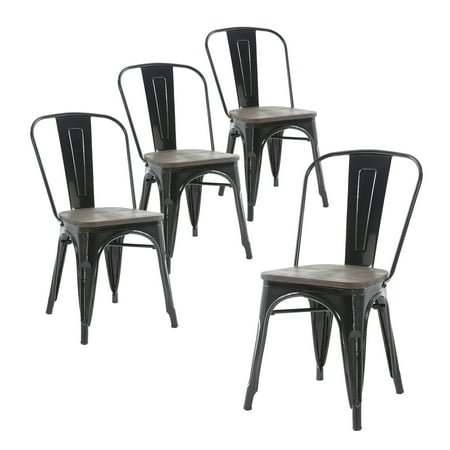 White Metal Outdoor Dining Table Buschman Set of Four Black Wooden Seat Tolix-Style Metal Indoor/Outdoor Stackable Chairs with Back ()