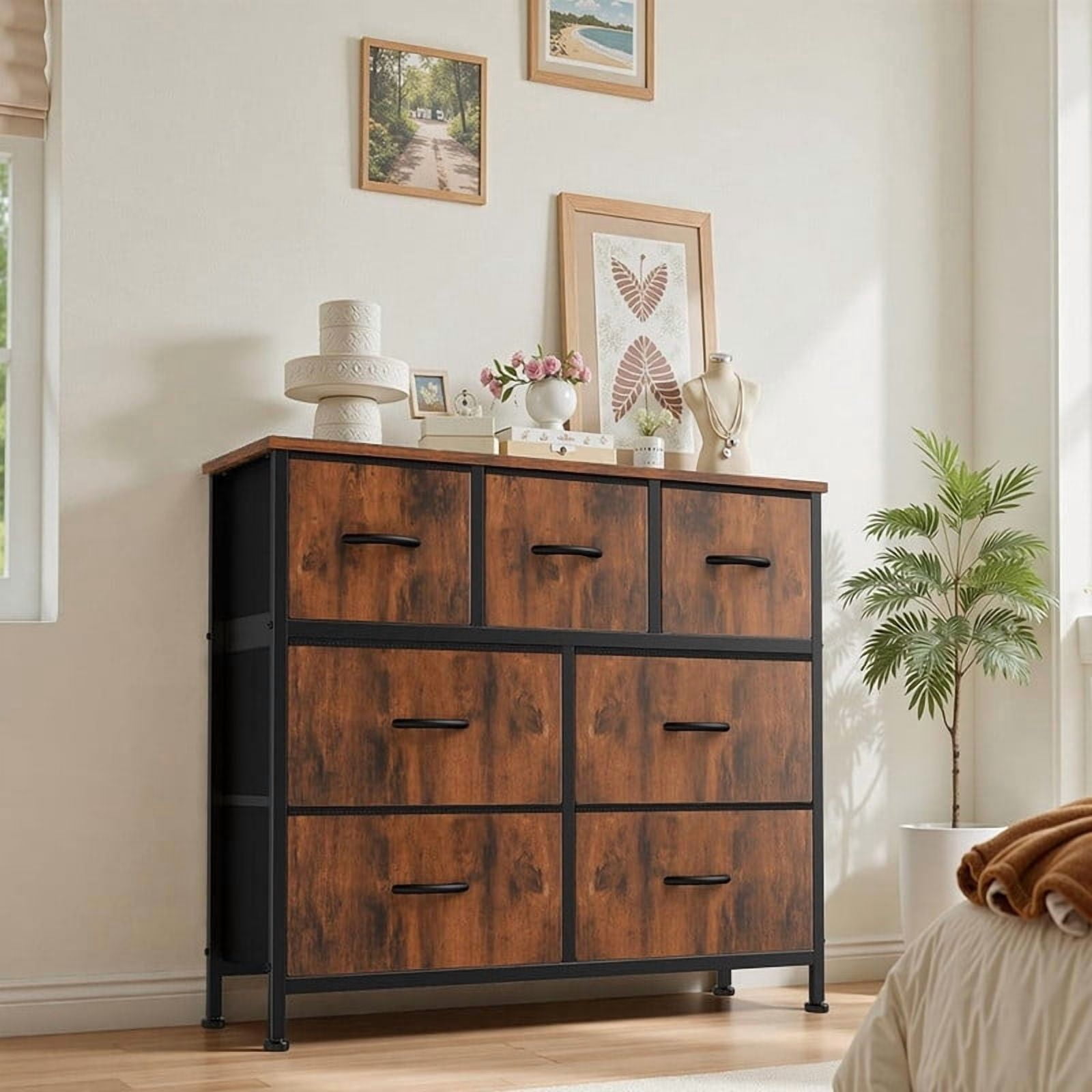 Kelno 7 Drawer Dresser Fabric Chest of Drawers Storage Organizer Wood Top Surface for TV, Rustic Brown