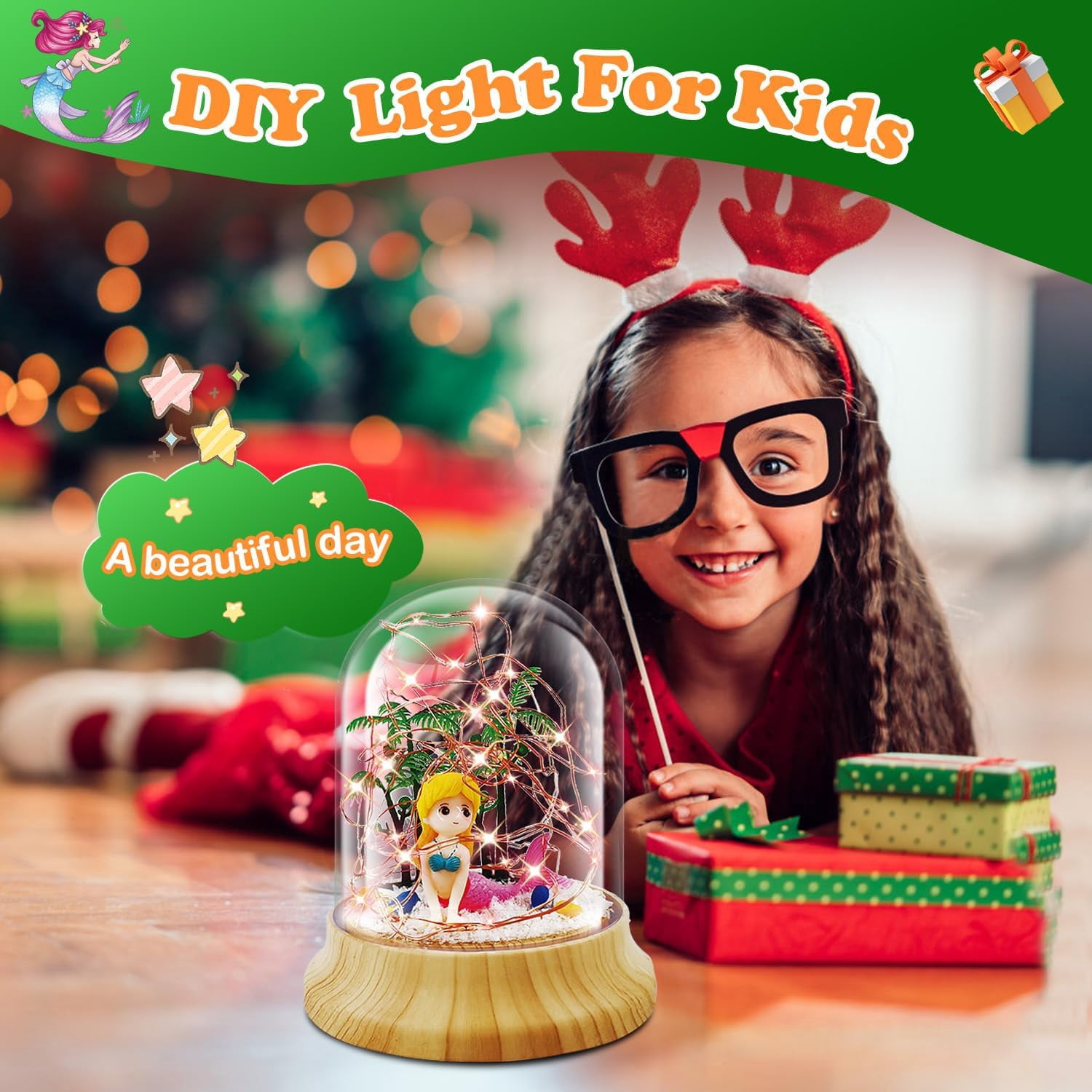 KOMI Make Your Own Mermaid Night Light, Mermaid Toys for Kids, Mermaid Craft Kit, DIY Arts and Crafts Lamp Project for Girls(USB Upgrade Edition), Gifts for 4 5 6 7 8 9 10 Year Old Kids