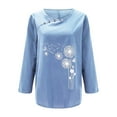 thumbnail image 4 of Baqcunre Long Sleeve Shirts For Women Womens Tops Long Sleeve Printed Cotton And Linen Taraxacum Printed Buttons O Neck T Shirt Blouse Womens T Shirts Womens Blouses Sky Blue 4XL, 4 of 9