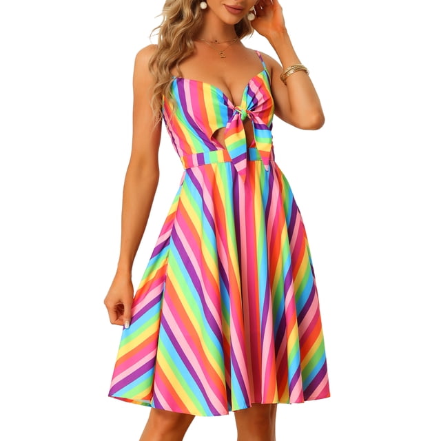 Vestido de verano para mujer Allegra K Vestido midi informal cuello en V nudo tirantes finos multicolor S