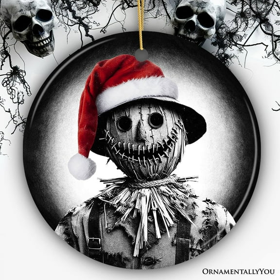 Nightmarish Scarecrow with Santa Hat Ornament, Gift For Unique Halloween Tree Christmas Decor