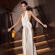 thumbnail image 2 of High-End Lady Satin Dress Long Skirt Summer Backless Halter Neck Deep V-Neck White Black, 2 of 4