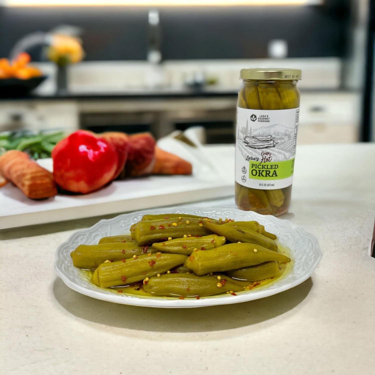 Lara's Crisp and Hot Pickled Okra – (Pack of 2, 16 fl oz each)