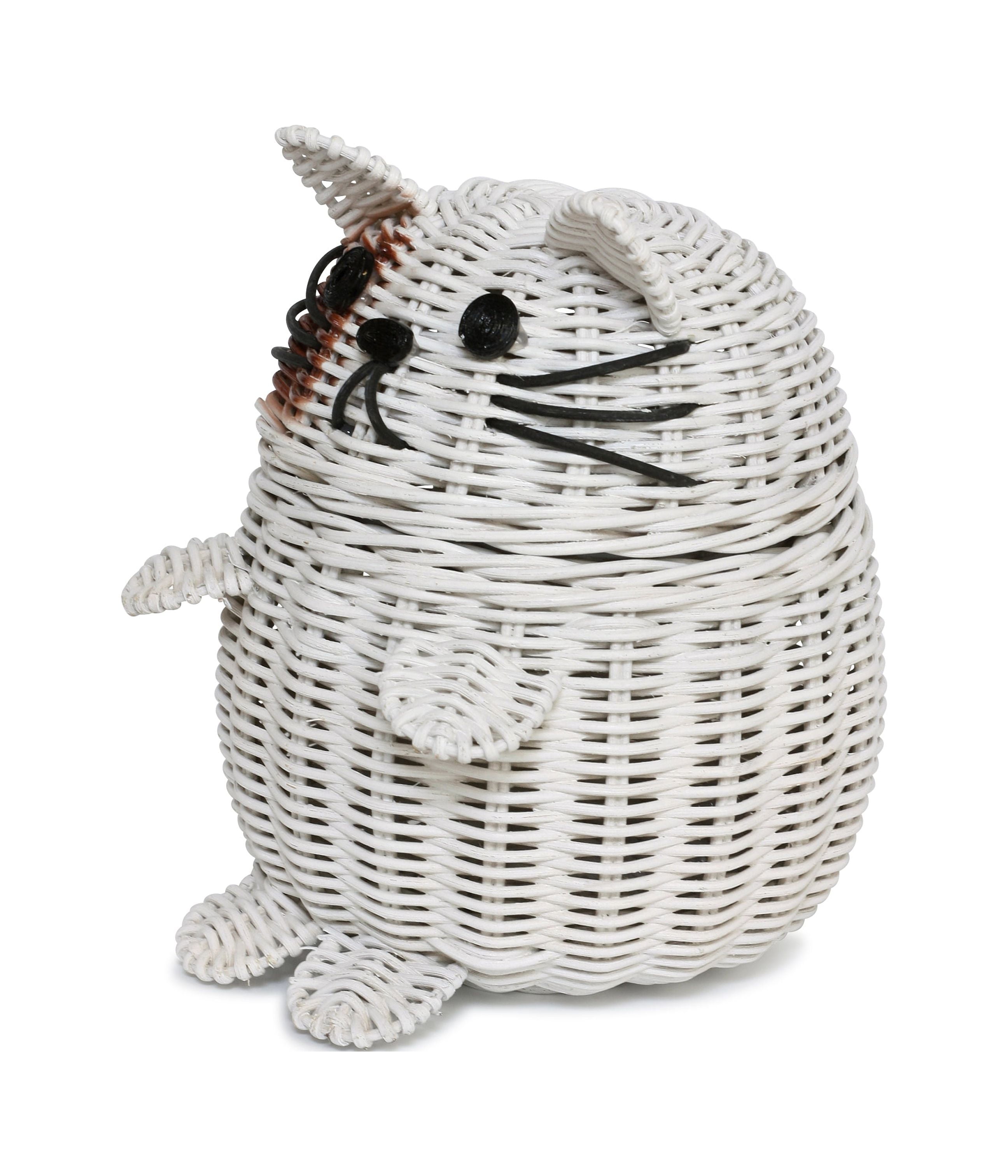 Cat Rattan Storage Basket with Lid Decorative Bin Home Decor Hand Woven Shelf Organizer Cute Handmade Handcrafted Gift Art Artwork Wicker Kitten