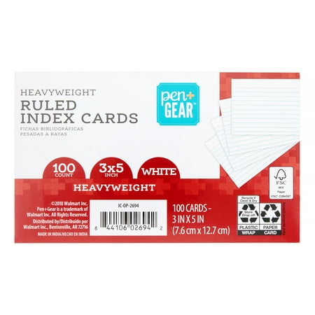 Pen + Gear Heavyweight Ruled Index Cards, White, 100 Count