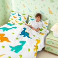 thumbnail image 3 of Manfei Cute Cartoon Dinosaur Animals Queen Sheets,Kawaii Leaf Queen Sheet Sets,White Green,4-Piece,1 Flat Sheet,1 Fitted Sheet and 2 Pillowcases, 3 of 6