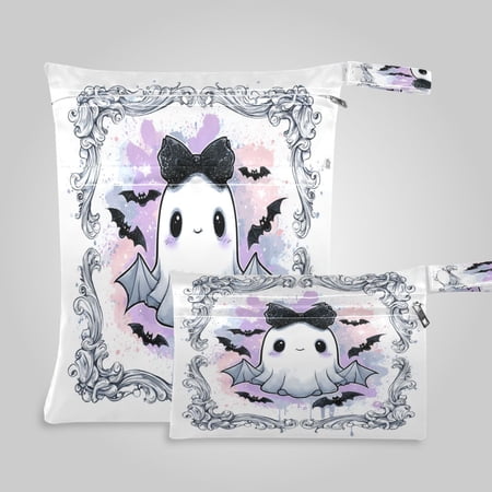 2 Pack Wet Dry Bags Cute Black Bow Ghost Waterproof Reusable Dual Zipper Bags for Swimwear Gym Clothes Toiletries Baby Diapers