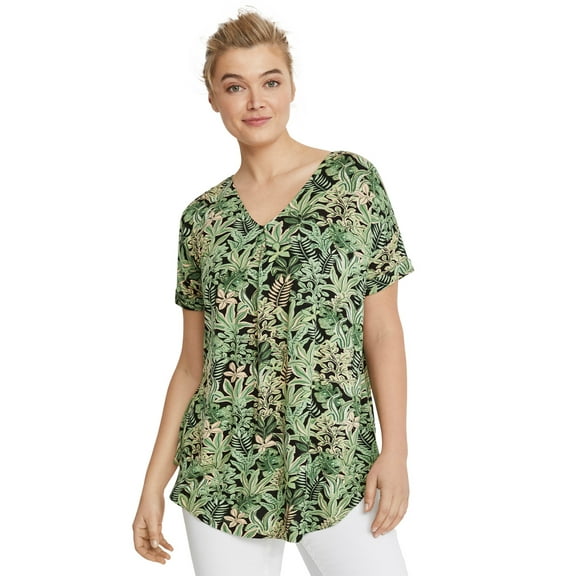 ellos Women's Plus Size V-Neck Tunic With Front Inverted Pleat - 34/36, Green Multi Fern
