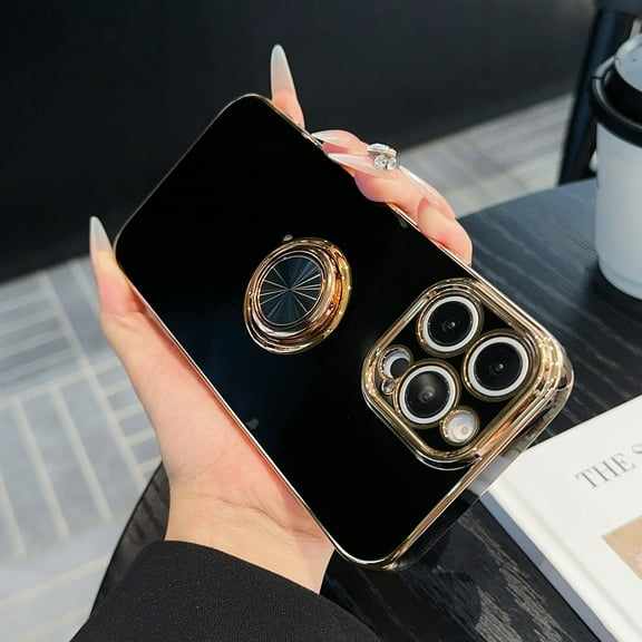 Allytechgroup Luxury Plating Case Cover for Apple iPhone XR, Slim Fit Back Cover with Ring Holder Kickstand Shockproof Bumper Anti-Scratch Phone Case for Girls Women, Black