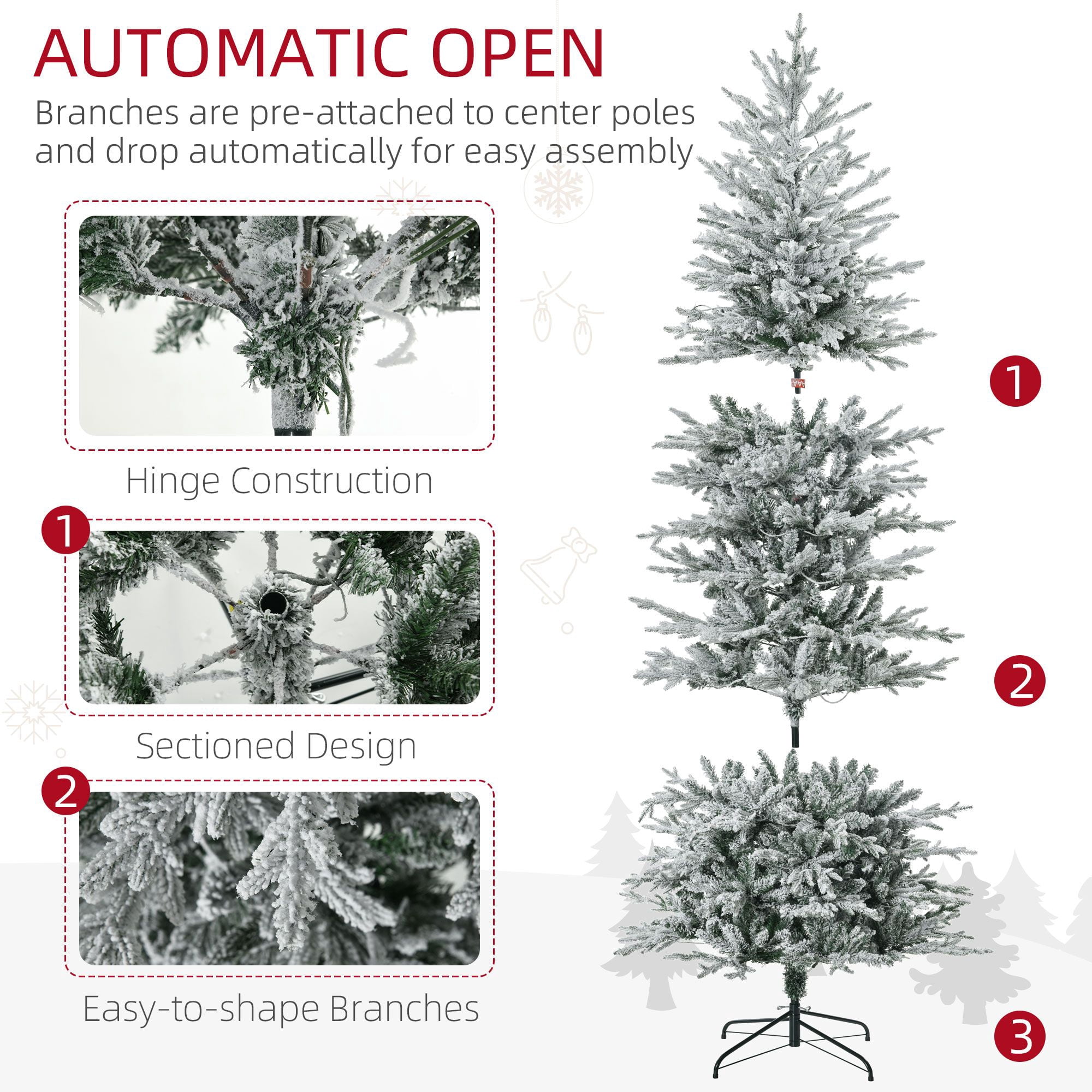 7.5 ft Pre-Lit Flocked Christmas Tree with Warm Clear Lights, 850 Tips, Auto-Open Hinged Branches, Indoor Holiday Decor