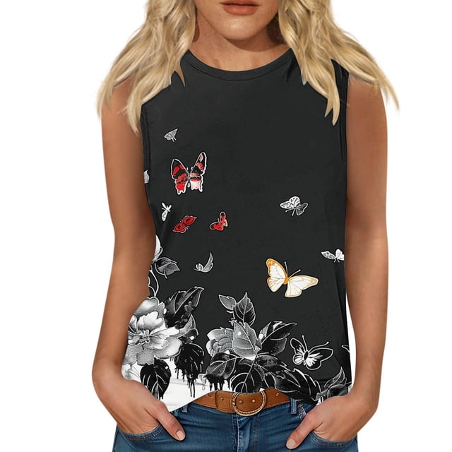 Snorda Débardeurs pour Femmes Grande Taille Débardeur Décontracté à Imprimé Floral Sans Manches à Encolure Ronde Blouse P-5TG