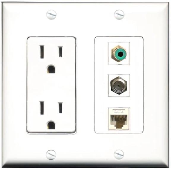 RiteAV - 15 Amp Power Outlet 1 Port RCA Green 1 Port Coax 1 Port Cat6 Ethernet Ethernet White Decorative Wall Plate