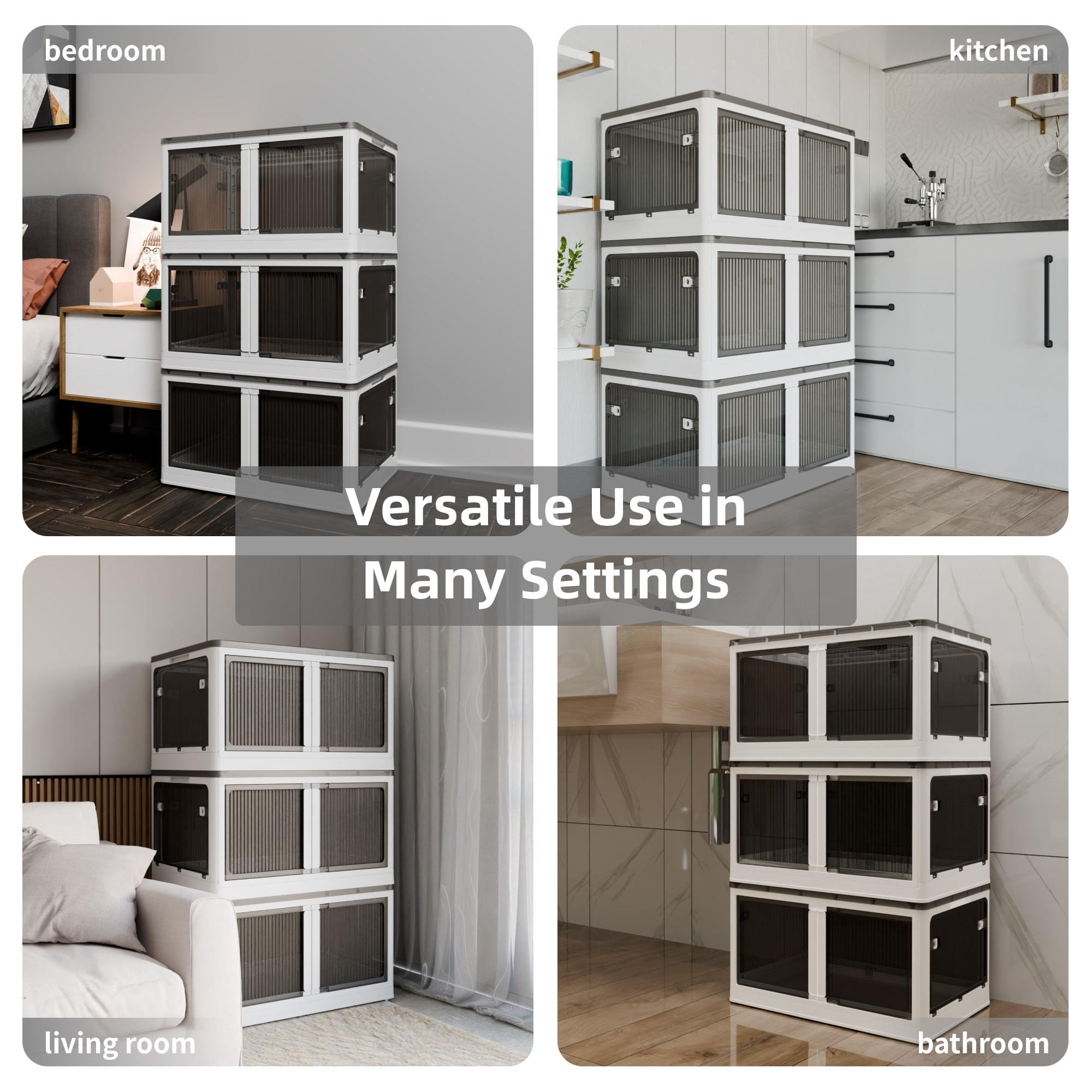 GARITIN 506QT 4-Pack Transparent Stackable Storage Bins with 5 Doors and Wheels, Collapsible Folding Plastic Closet Organizer Containers for Bedroom Living Room Laundry Toys, White