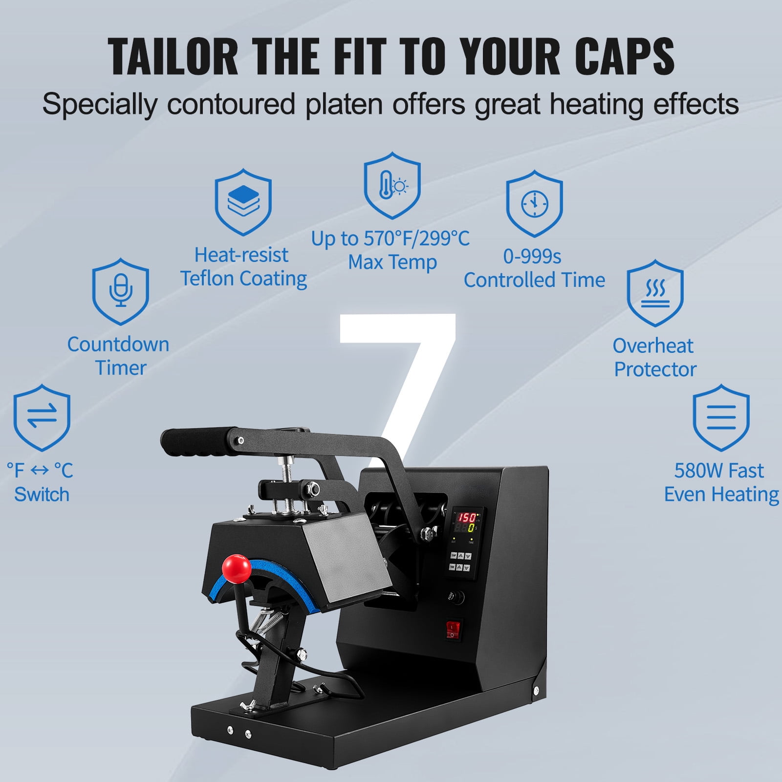 KFFKFF Cap Heat Press, Quadruple Function Hat Heat Press Machine, 6 x 3in Clamshell Design for Sublimation Transfer, LCD Digital Timer Temperature Control with 4pcs Curved Heating Elements