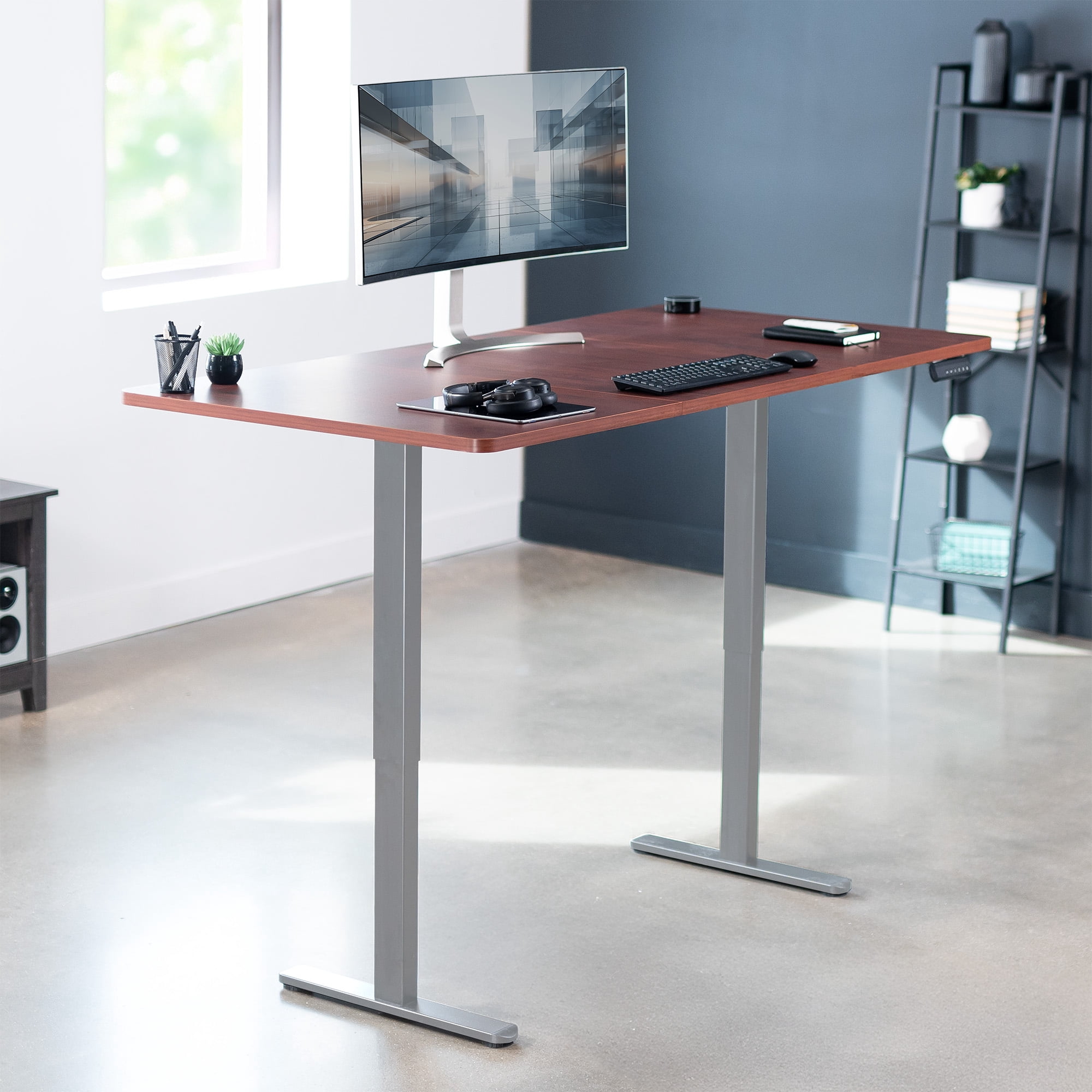 VIVO Electric Dual Motor 71” x 36” Standing Desk, Dark Walnut Top, Gray Frame