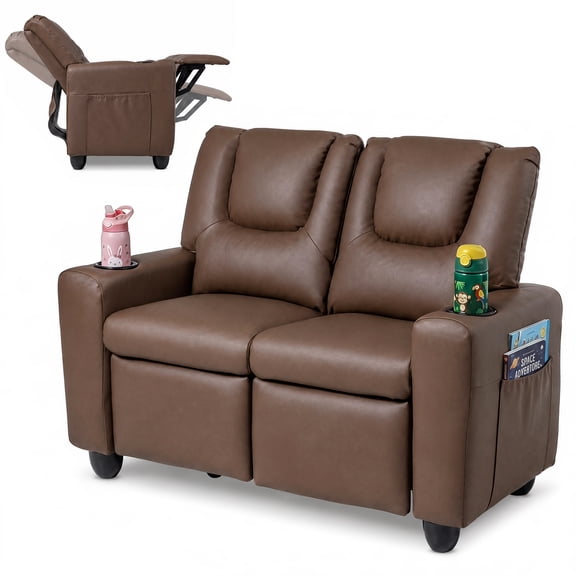 Costway 2-Seater Kids Recliner with Cup Holders Side Storage Pockets Adjustable Backrest Brown