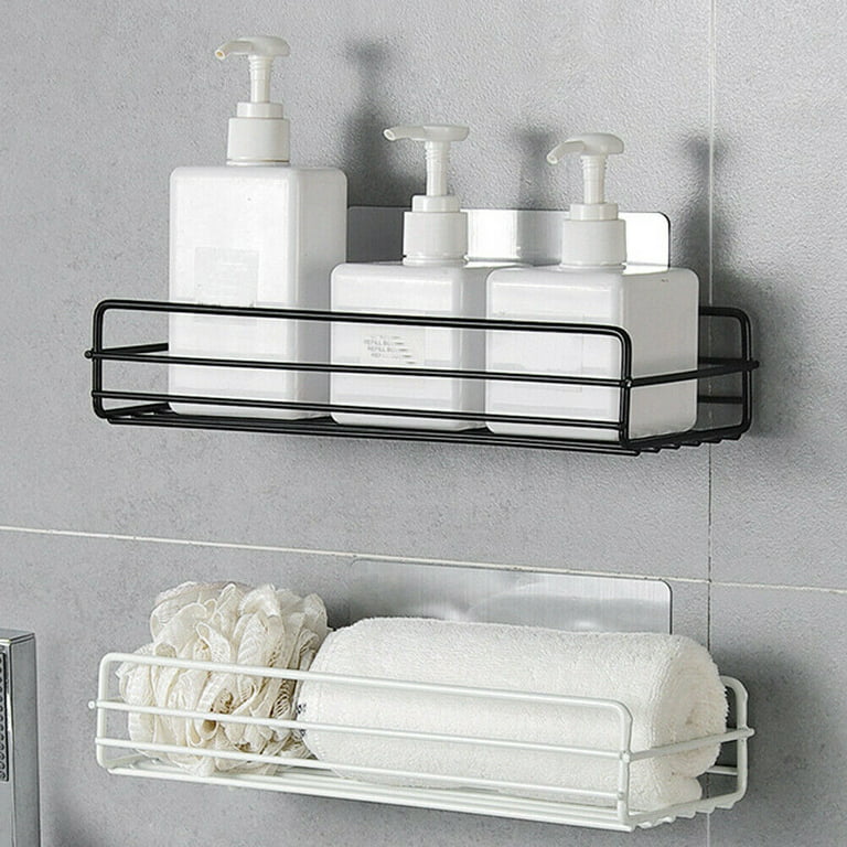 1pc Wall Mounted Storage Rack, Black Iron Adhesive Corner Shelf With Hooks  For Bathroom Shower Organizing, No Drill Needed