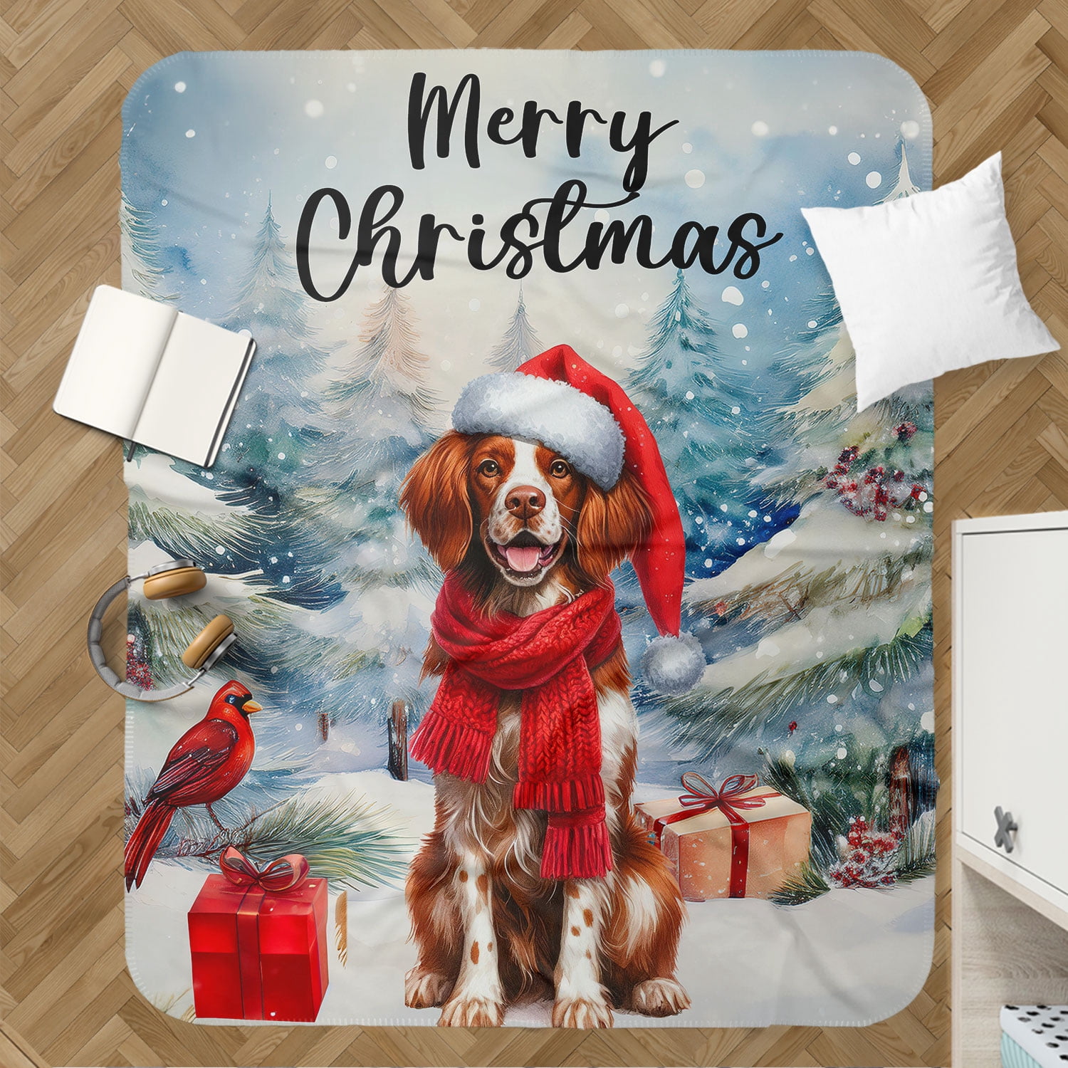 Merry Christmas Brittany Spaniel Enjoys Woofmas Winter Xmas Holiday Cozy Sherpa Blanket Brittany Dog Lover Gifts Idea Warm Soft Throw Blanket - 02022