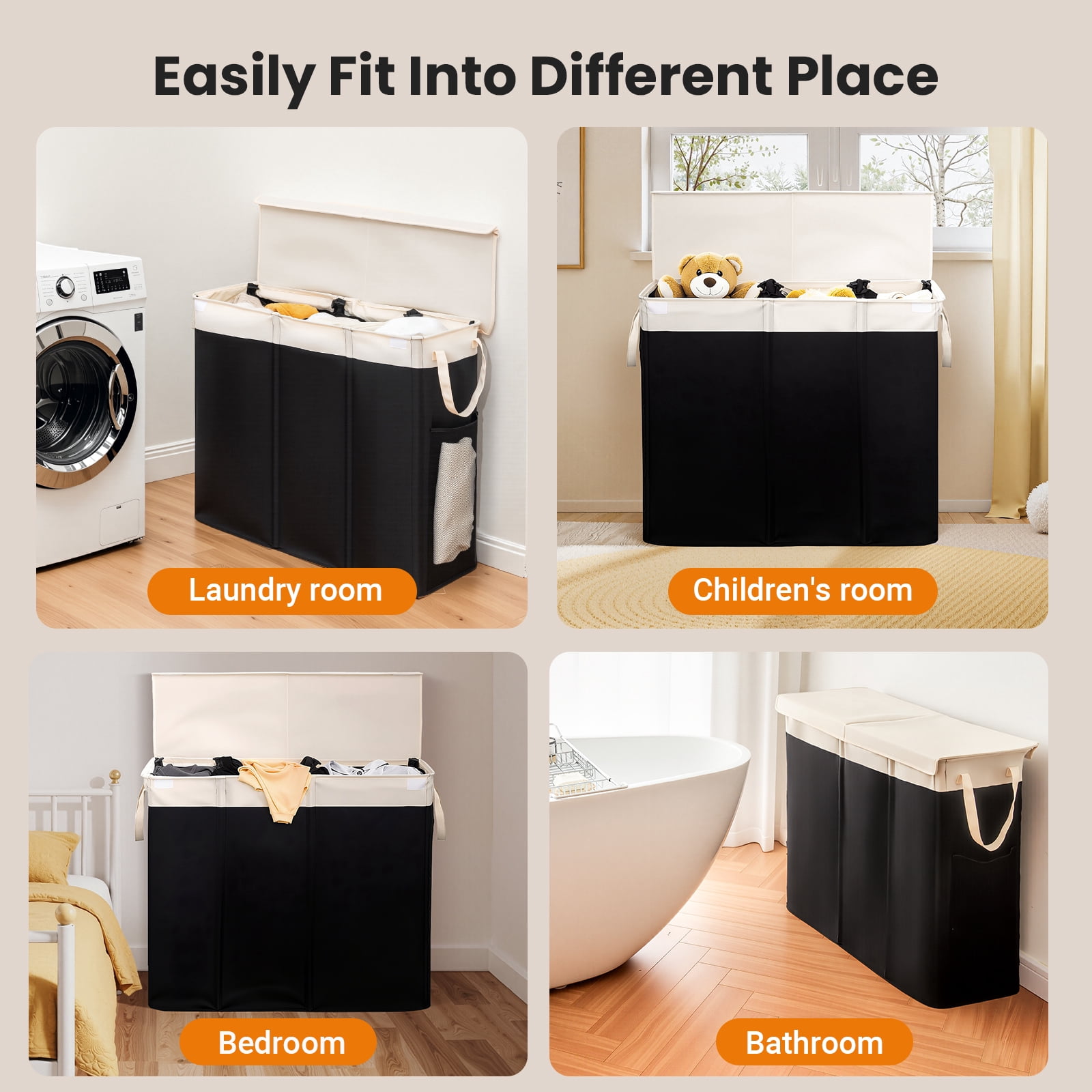 Large Laundry Hamper with Lid, 3-Bin Laundry Baskets with Removable Bags,190L