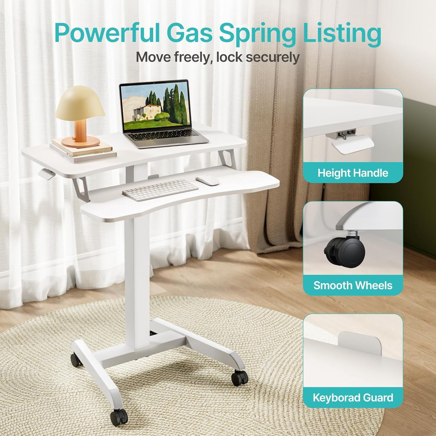 Standing Rolling Desk-Height Adjsutable up to 47.2' Rolling Podium for Teachers, 31.2'× 27.5' Dual Tier Sanding Desk for Classroom, Moveable Laptop Cart, Teacher Podium with Wheels, White