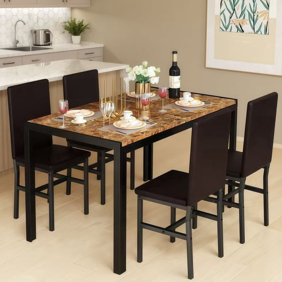 MIERES Dining table set for 4 with modern faux marble table top and 4 PU leather upholstered chairs, compact space saving dining table for apartment, kitchen, dining room, breakfast corner, brown