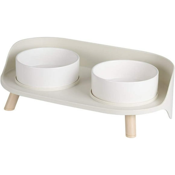 Half-Moon Double Bowl Feeder, Healthier Eating Posture With Non Skid Base, White Ceramic Dish For Cats And Small Breeds, Detachable Design For Hassle-Free Maintenance