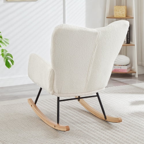 Glider Chair for Living Room, Tufted Upholstered Teddy Fabric Rocking Chair with Metal Frame, High Back Ergonomic Accent Chair, 300LB Capacity Ivory Comfort Chair for  Bedroom