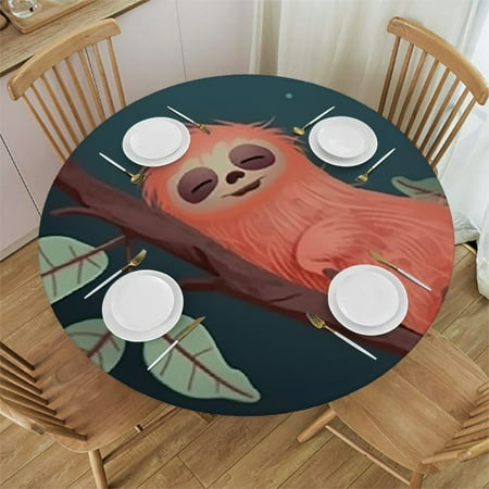 Sleeping Sloth on Branch Round Fitted Tablecloth with Elastic Protector Table Kitchen Dinner Waterproof Oil-Proof Table Covers