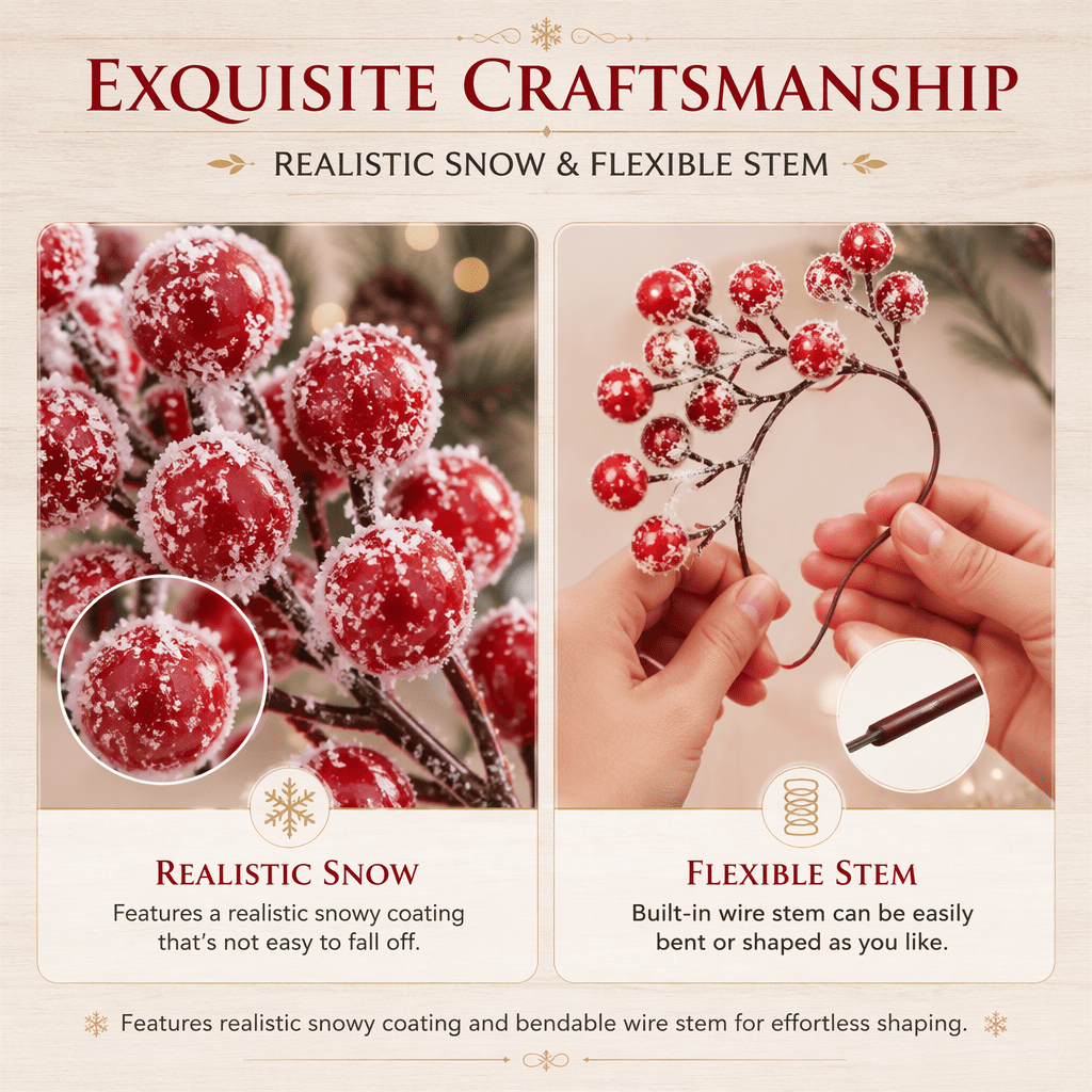 Artrylin 20 Pcs Artificial Holly Berry Stem Picks,Winter Frosted Red Berry Stems,Christmas Holly Berries Decorations,9" Fake Snowy Red Berry Branches,Christmas Tree Ornaments with Snowflake Glitter