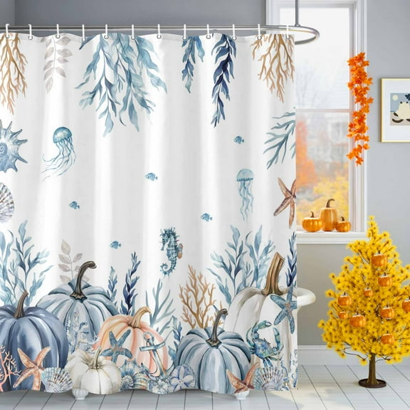 Blue Pumpkin Shower Curtains for Bathroom, Starfish Seahorse Coral Coastal Fall Thanksgiving Waterproof Fabric Shower Curtain for Bathroom Bathtub Decoration, Machine Washable, 72"x84"