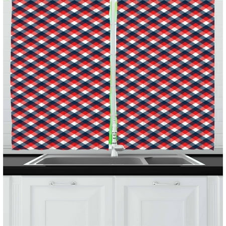 Navy Blue White Striped Curtains Plaid Curtains 2 Panels Set, Checkered Gingham with Old Fashioned English Country Striped Squares, Window Drapes for Living Room Bedroom, 55W X 39L Inches, Navy Blue Vermilion White, by Ambesonne ()