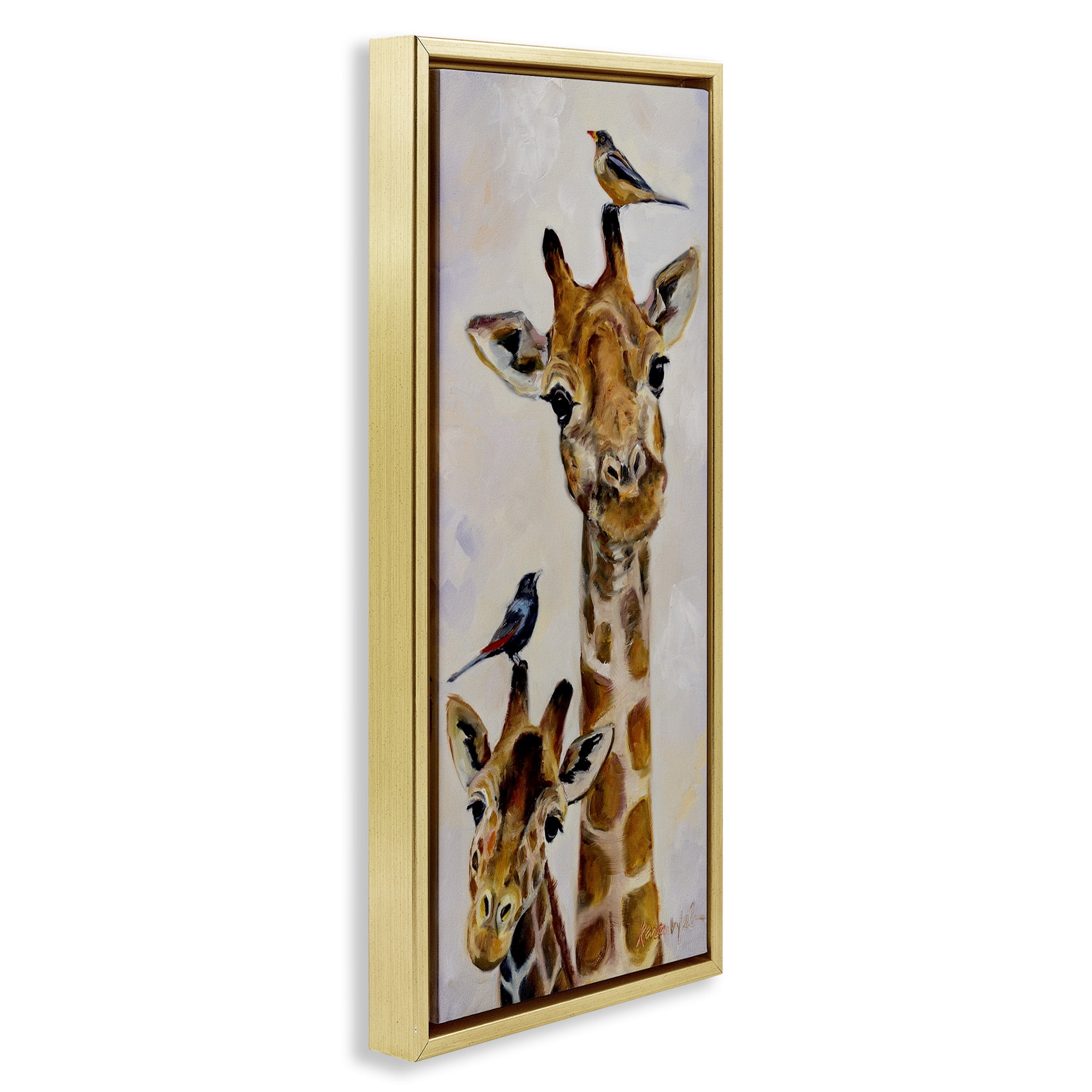 Stupell Industries Giraffe & Perched Birds Animals & Insects Painting Gold Floater Framed Canvas Art Print Wall Art, 15 x 31