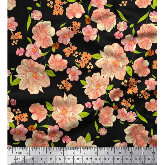 Soimoi Black Cotton Duck Fabric Leaves & Floral Print Fabric by The Yard 42 Inch Wide