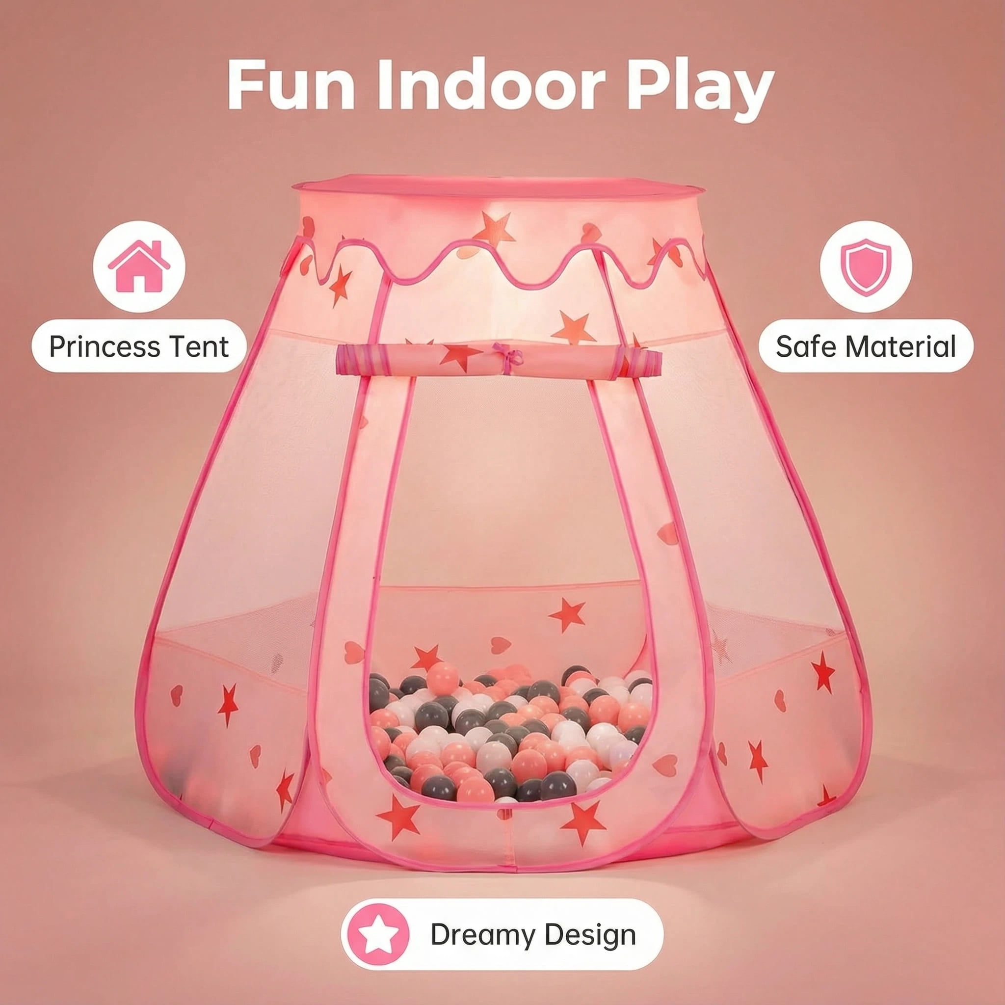 PigPigPen Princess Pop up Ball Pit for Toddlers with 50 Balls and Carry Bag, Pink/White/Gray