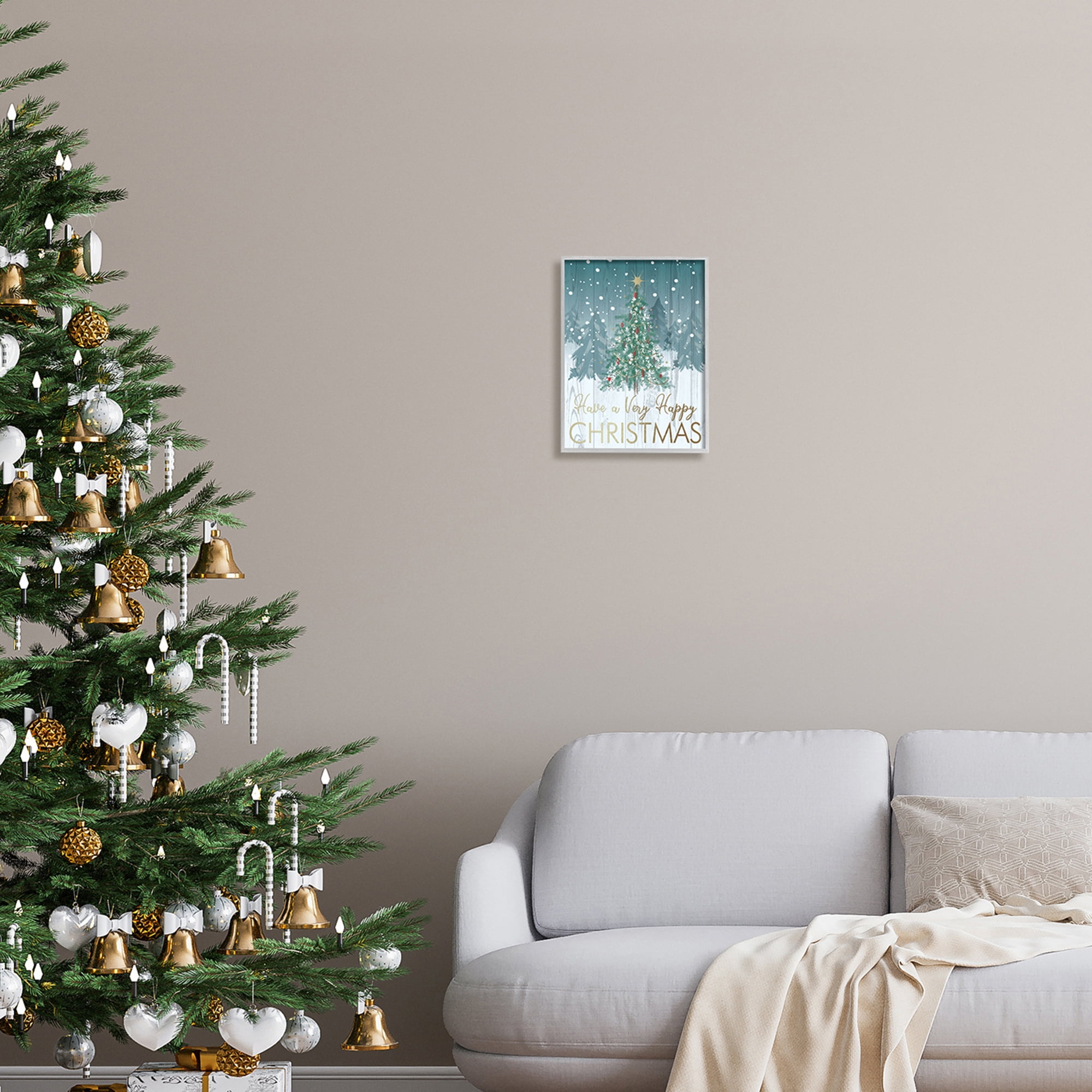 Happy Christmas Glam Detail Text Rustic Fir Tree Botanical & Floral Graphic Art Framed Art Print Wall Art
